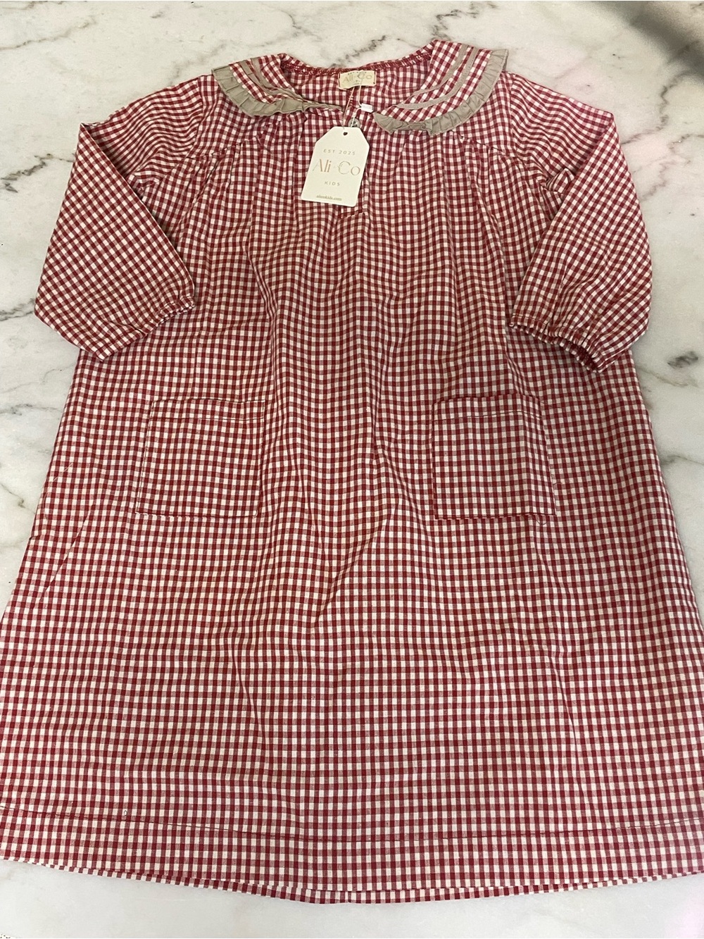 Red Gingham Kids Casual Dress with Peter Pan Collar
